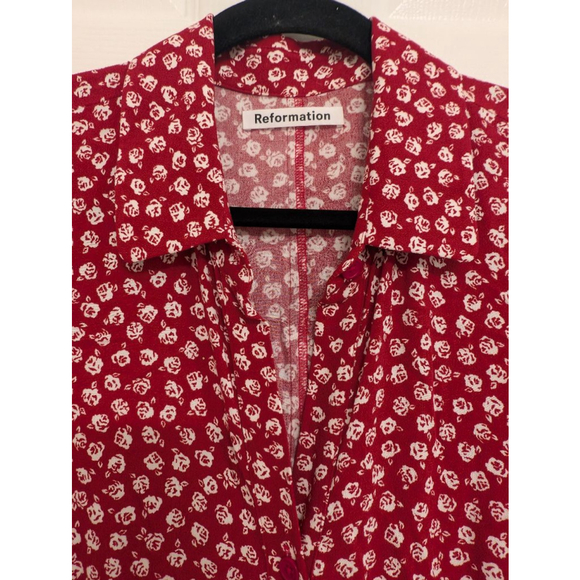 $198 Reformation Brighton Button Down Shirt Dress Red Burgundy White floral sz S - Picture 3 of 8